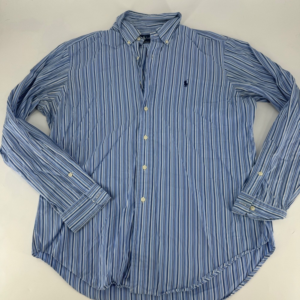 Polo Ralph Lauren Mens Large Classic Fit Blue Striped Button Down Shirt L